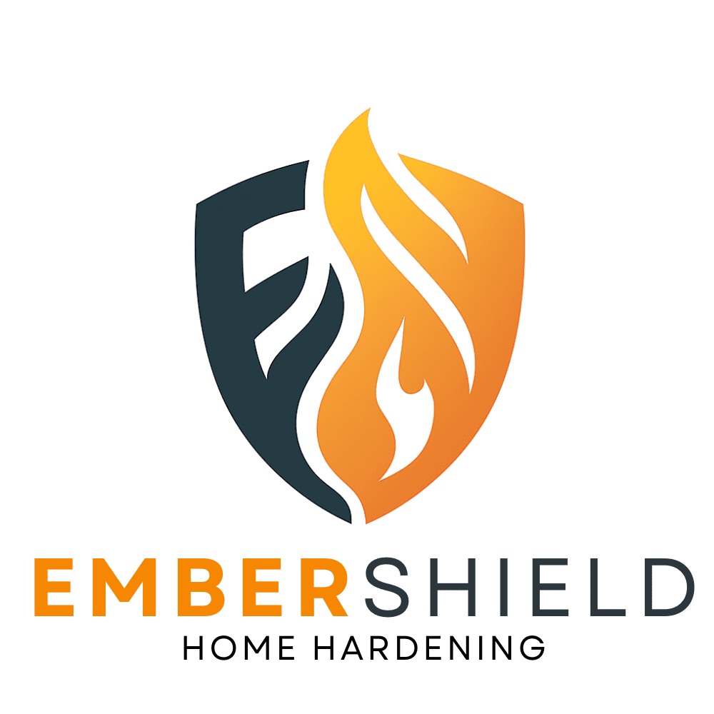 EmberShield logo – wildfire home hardening program by Wildfire Defense Co., showing a shield with a flame design symbolizing fire protection.