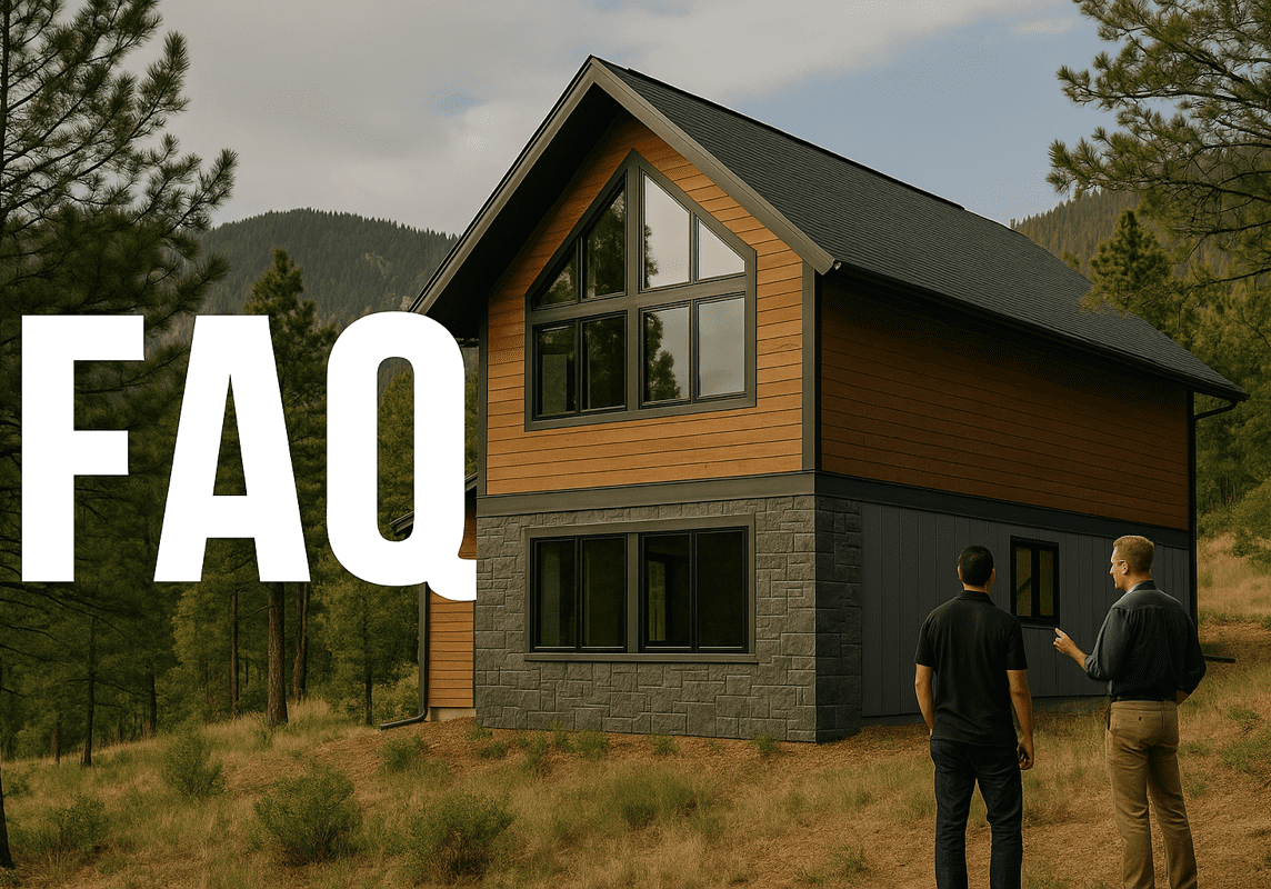 A Sky Manor Wildfire Defense Co. representative talking with a homeowner near a Colorado mountain home surrounded by pine trees — discussing home hardening and wildfire risk prevention.